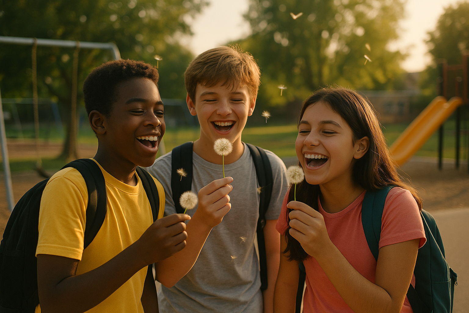 Three diverse students joyfully holding dandelions on a playground